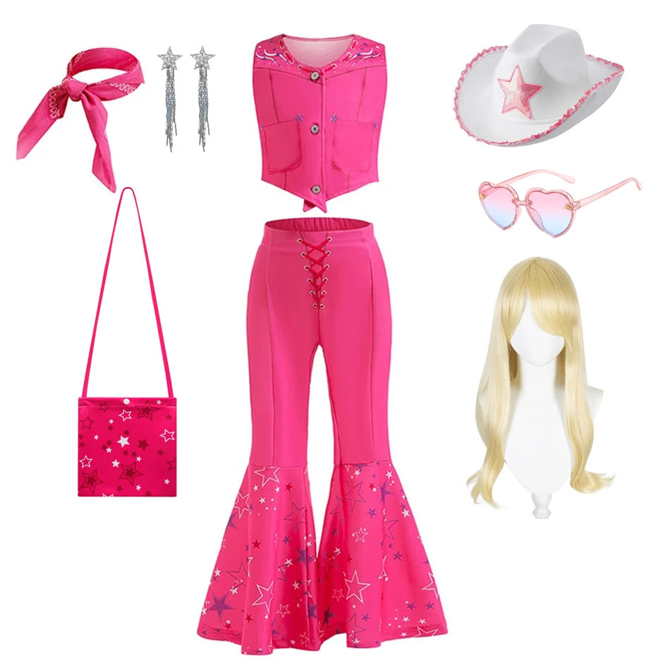 Bright pink vest and flared star print pants with hat bandana purse sunglasses and wig pink cowgirl cosplay set for kids