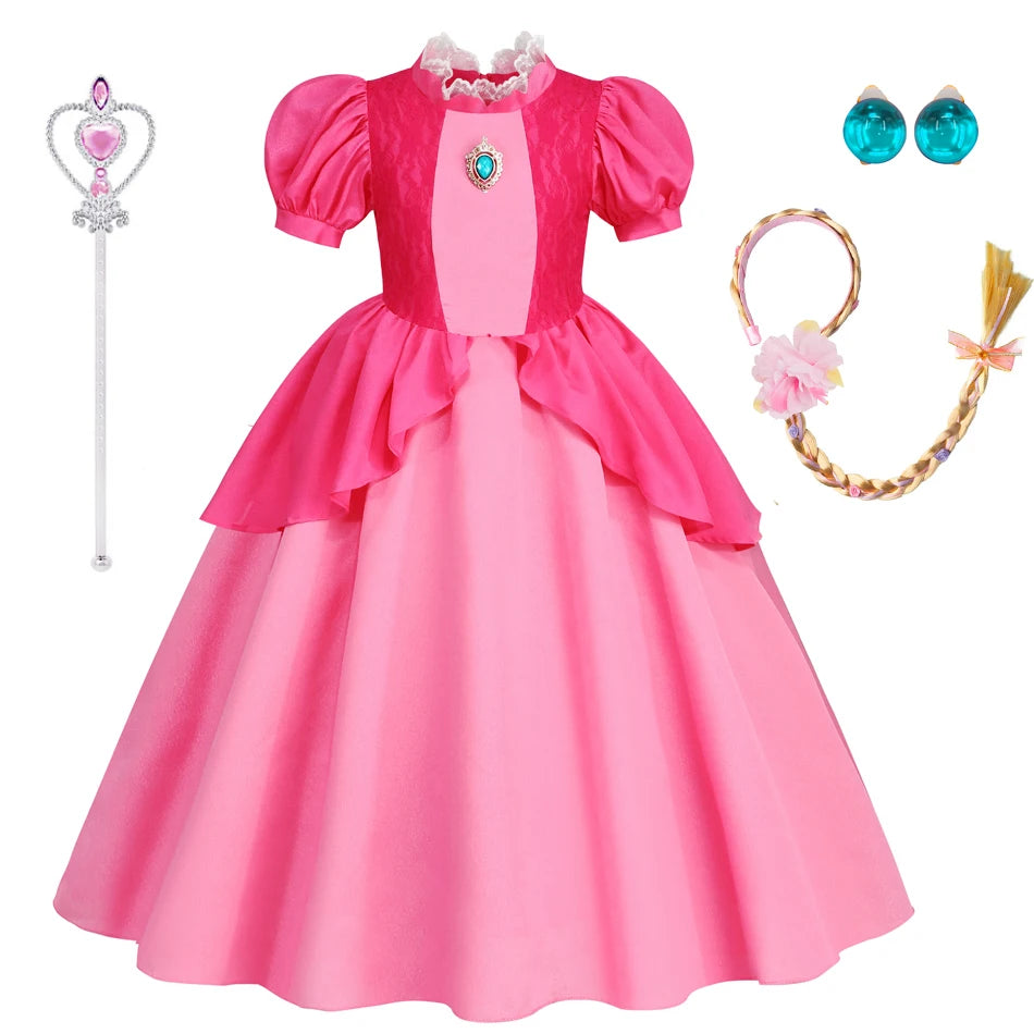 EtherealBe peach princess Halloween costume for kids with crown, wand, earrings, and hair braid accessory