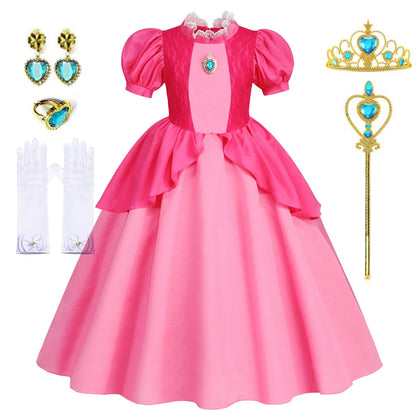 EtherealBe peach princess Halloween costume for kids with crown, gloves, and wand accessories