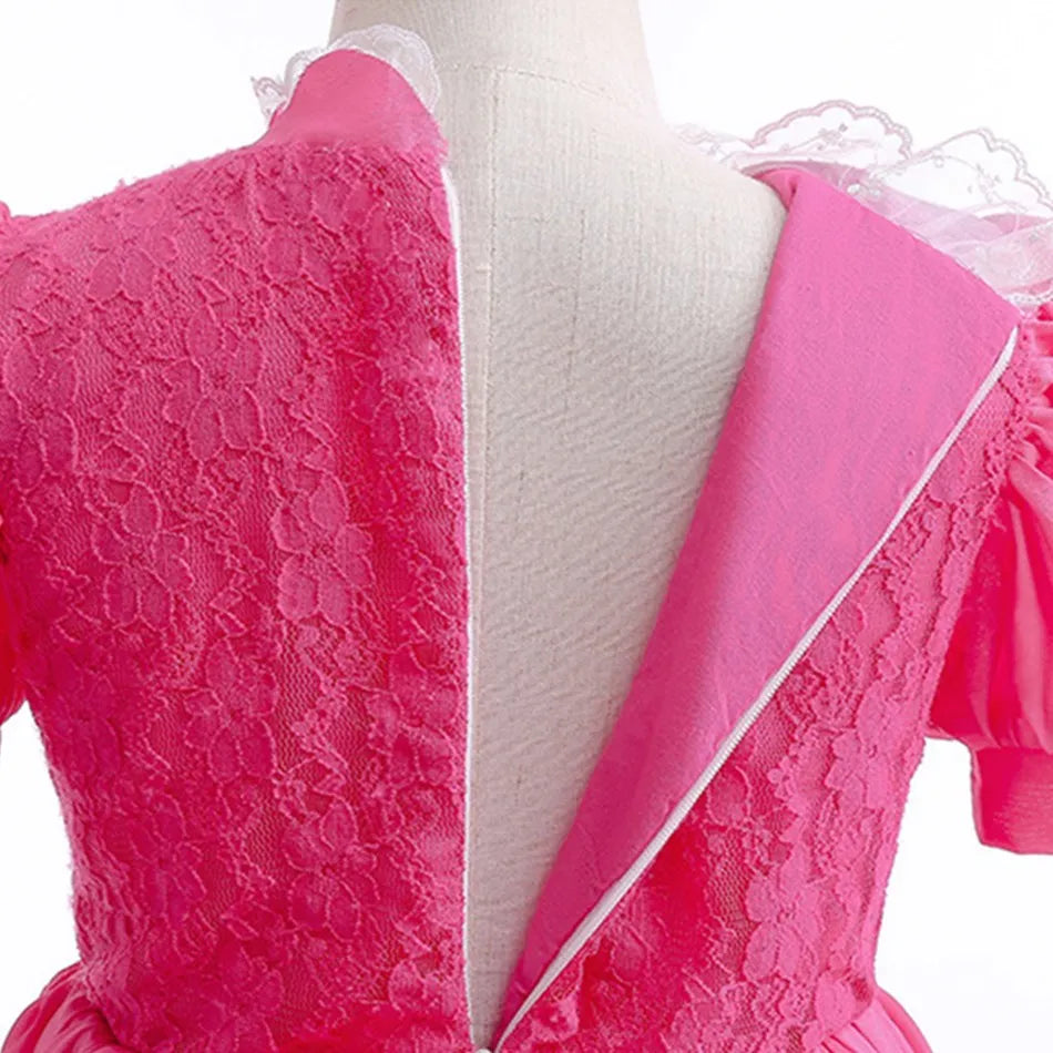 Back view of a vibrant Peach Princess Halloween costume for kids with lace detailing and puffy sleeves
