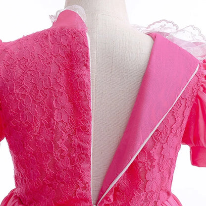 Back view of a vibrant Peach Princess Halloween costume for kids with lace detailing and puffy sleeves