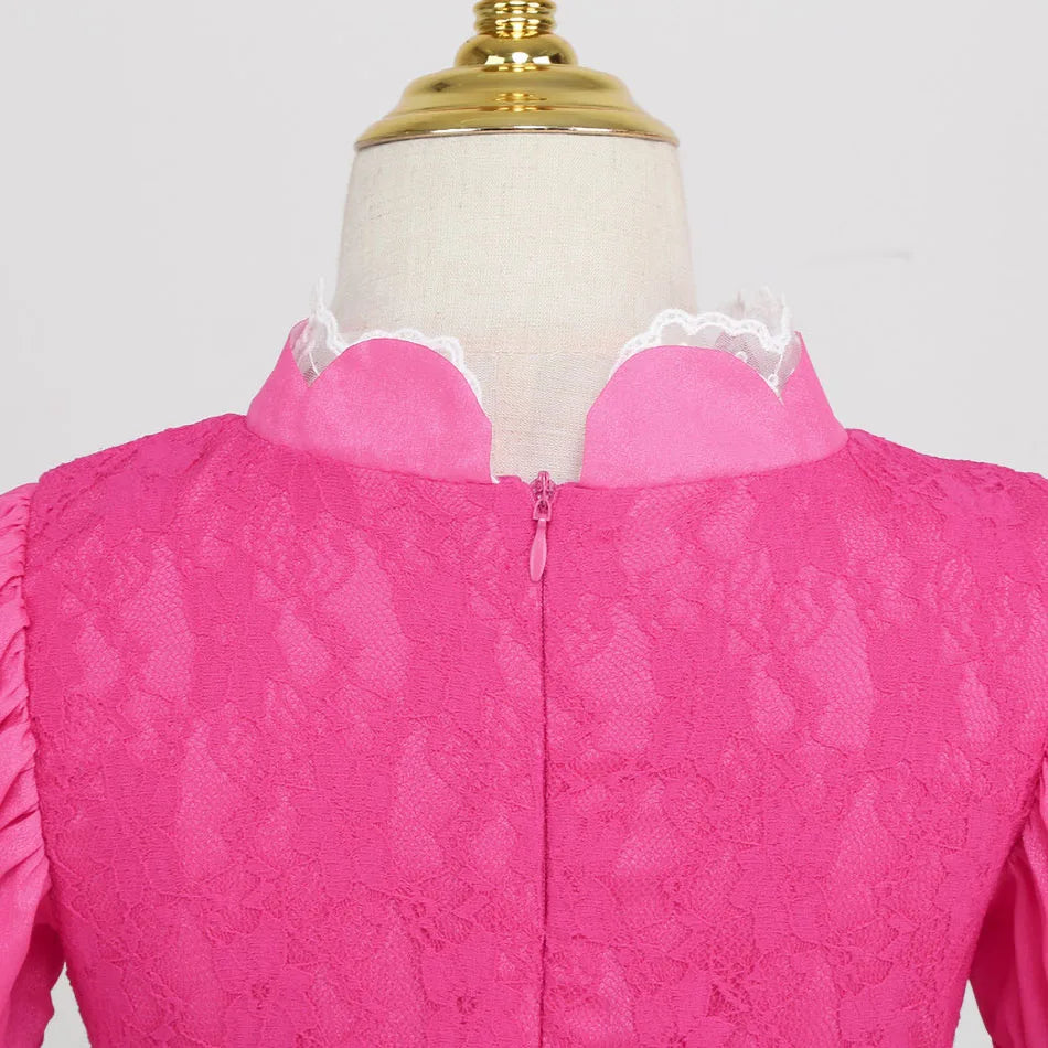 Close-up of the back of a pink lace Peach princess Halloween costume for kids with a zipper detail