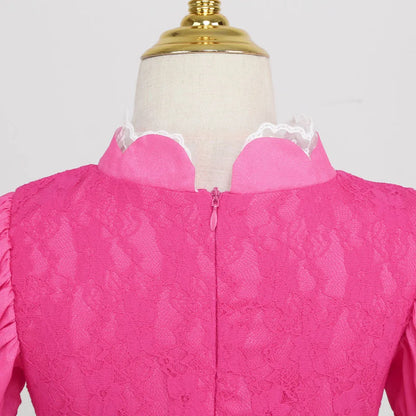 Close-up of the back of a pink lace Peach princess Halloween costume for kids with a zipper detail