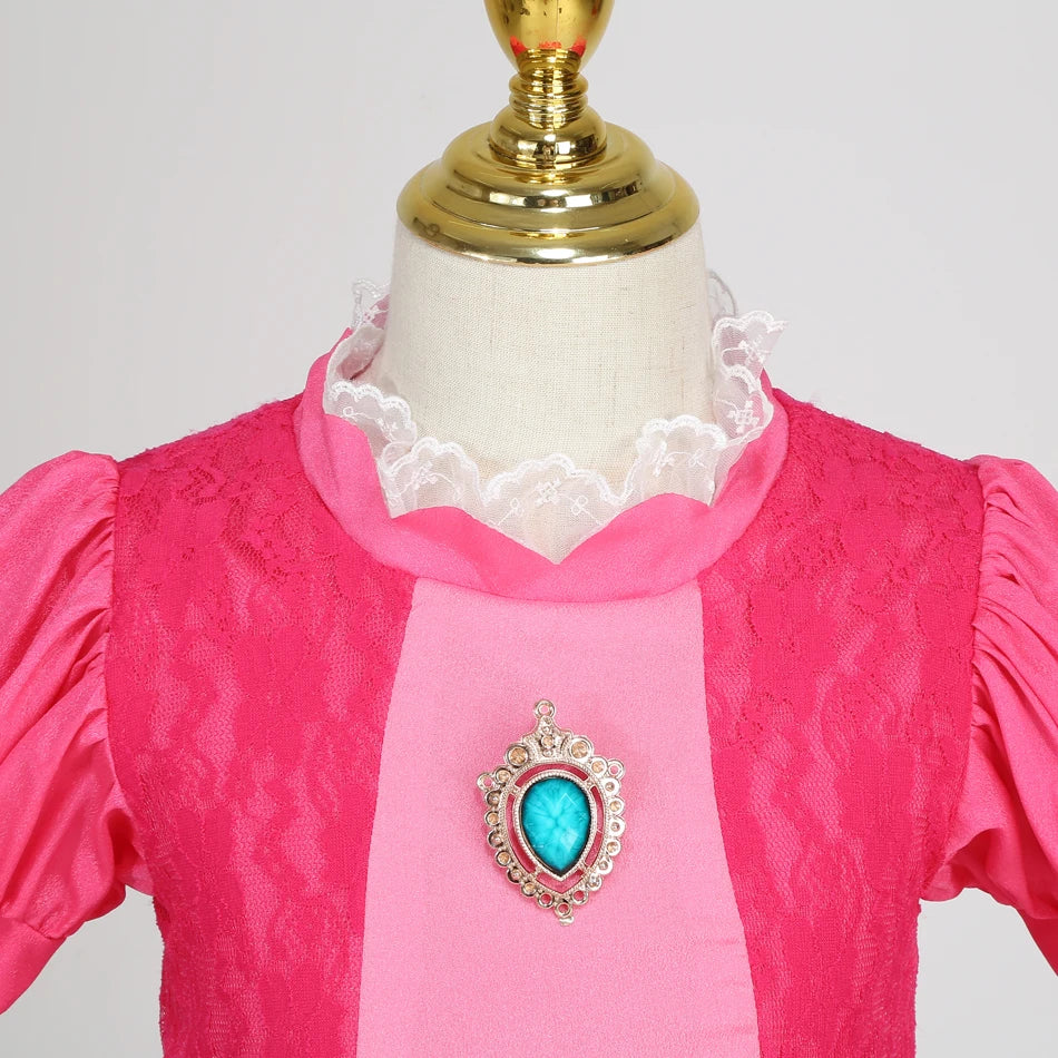 EtherealBe peach princess Halloween costume for kids featuring a pink dress with lace details