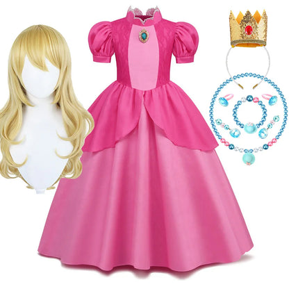 EtherealBe peach princess Halloween costume for kids featuring a pink dress, crown, and accessories