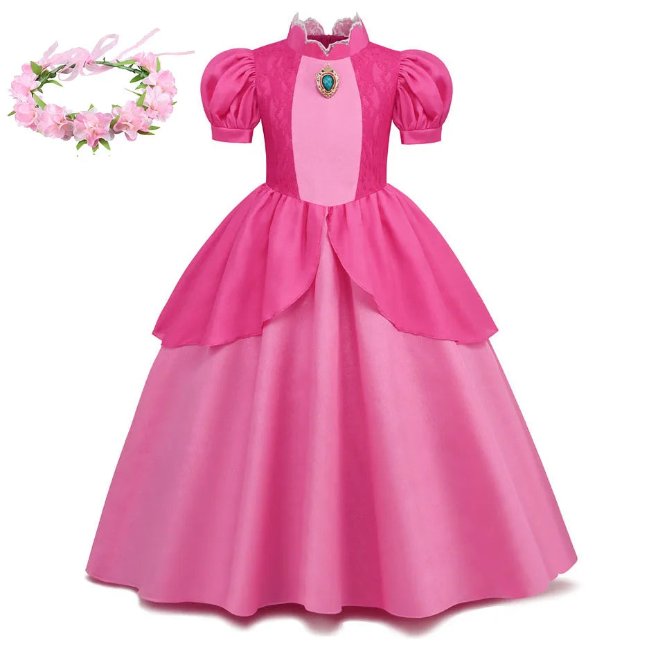 EtherealBe Peach princess Halloween costume for kids featuring a pink dress and floral crown