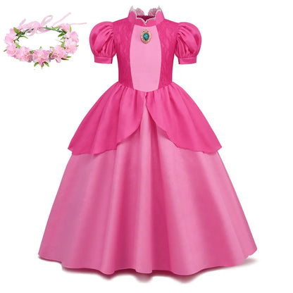 EtherealBe Peach princess Halloween costume for kids featuring a pink dress and floral crown
