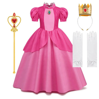 EtherealBe Peach princess Halloween costume for kids with dress, crown, gloves, and wand accessories