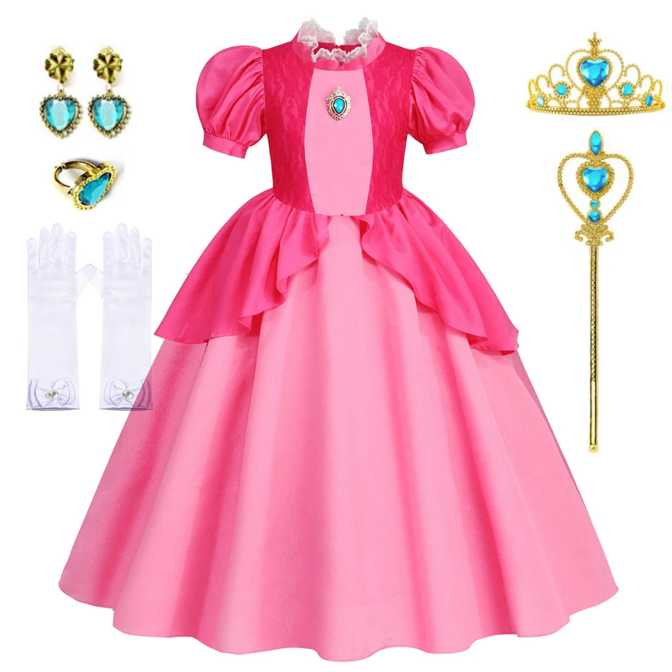 EtherealBe peach princess Halloween costume for kids with pink dress, gloves, tiara, and wand