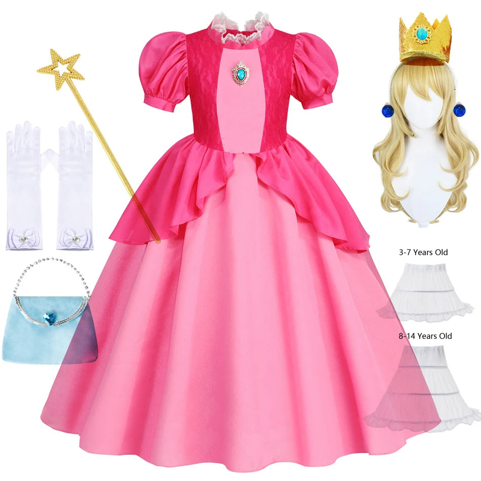 EtherealBe peach princess Halloween costume for kids with crown, gloves, wand, and accessories
