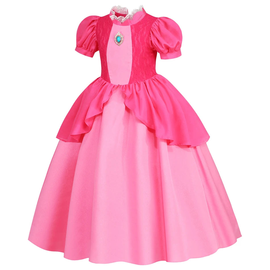EtherealBe peach princess Halloween costume for kids with puff sleeves and layered skirt