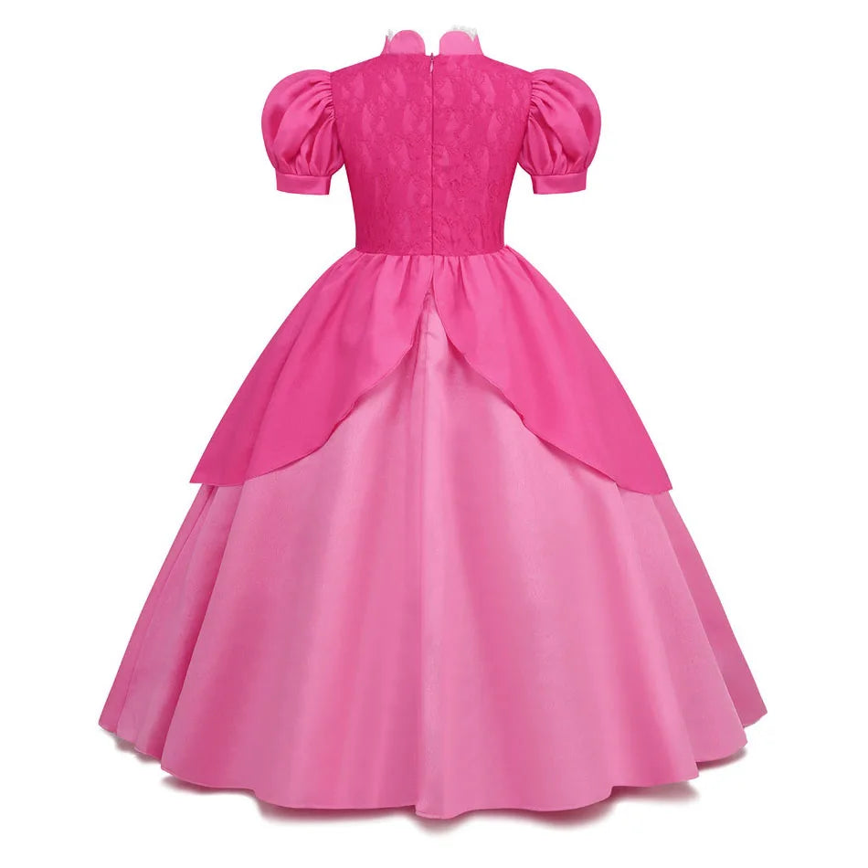 EtherealBe Peach princess Halloween costume for kids featuring a pink dress with puff sleeves and a flowing skirt