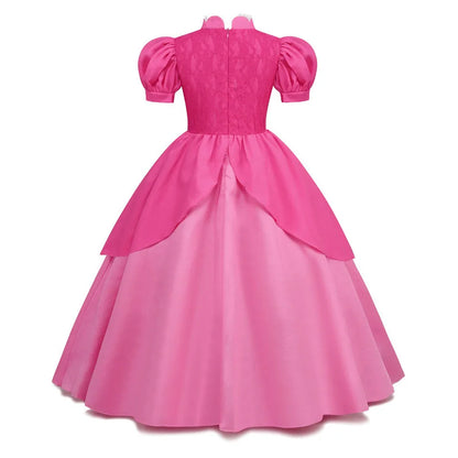 EtherealBe Peach princess Halloween costume for kids featuring a pink dress with puff sleeves and a flowing skirt