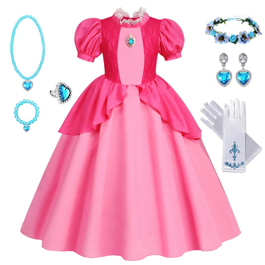 EtherealBe peach princess Halloween costume for kids with a pink dress and matching accessories