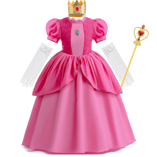 EtherealBe Peach princess Halloween costume for kids with a pink dress, crown, and accessories