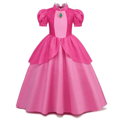 EtherealBe Peach princess Halloween costume for kids featuring a pink gown with puff sleeves