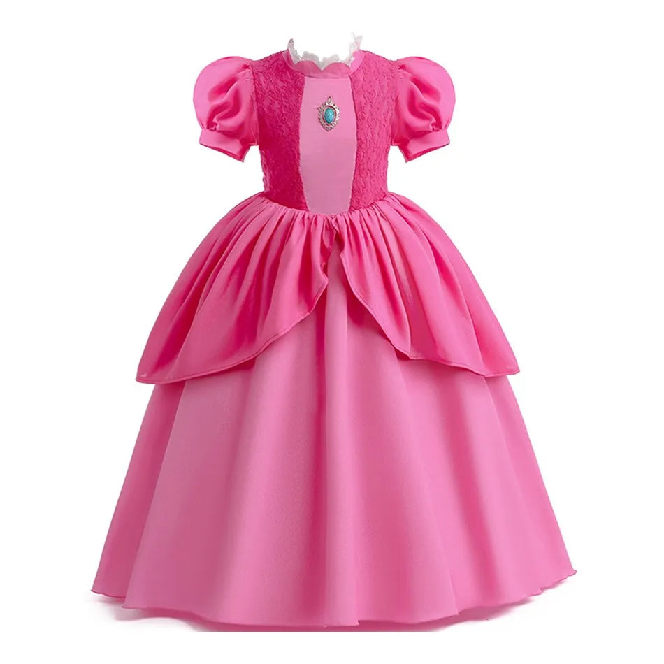 EtherealBe Peach princess Halloween costume for kids featuring a pink satin dress with puff sleeves
