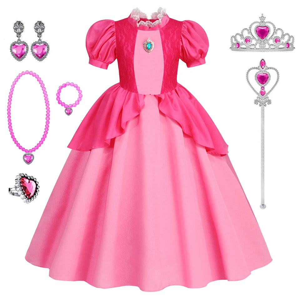 EtherealBe peach princess Halloween costume for kids with dress, crown, jewelry, and wand accessories