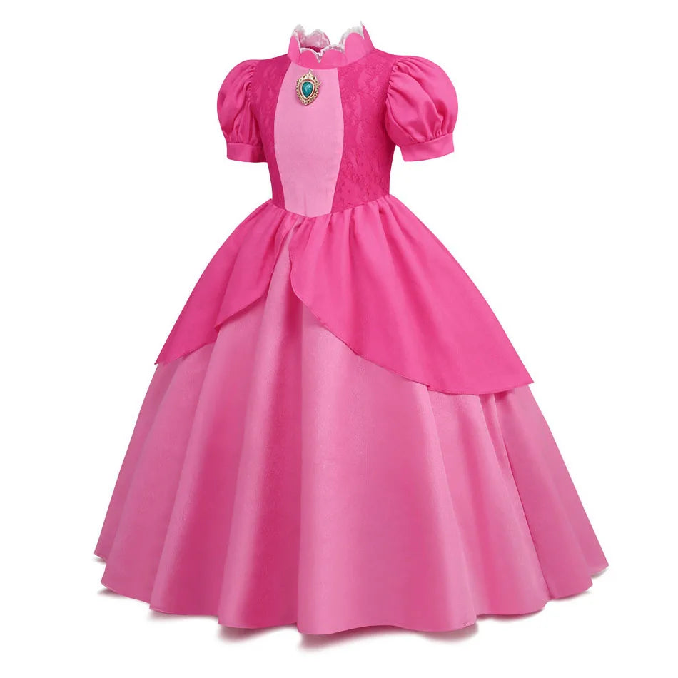 EtherealBe Peach princess Halloween costume for kids in pink with puff sleeves and a classic design