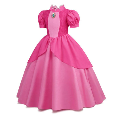 EtherealBe Peach princess Halloween costume for kids in pink with puff sleeves and a classic design