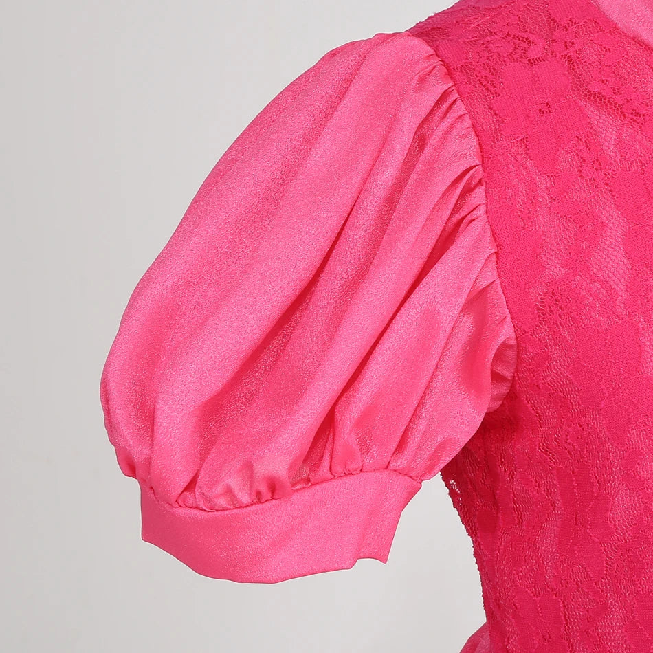 Close-up of a pink puff sleeve from a peach princess Halloween costume for kids