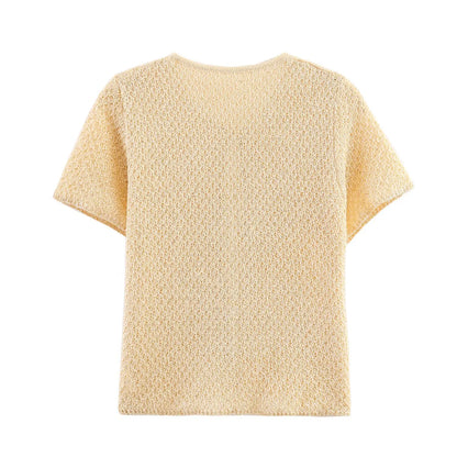 EtherealBe pearl embellished knitted vest for women in a soft yellow color with a textured design