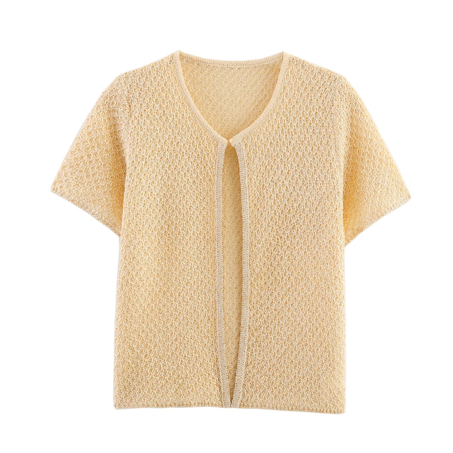 EtherealBe pearl embellished knitted vest for women in a light yellow color, featuring an open front design