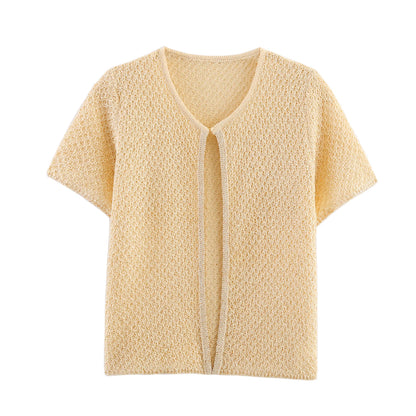 EtherealBe pearl embellished knitted vest for women in a light yellow color, featuring an open front design