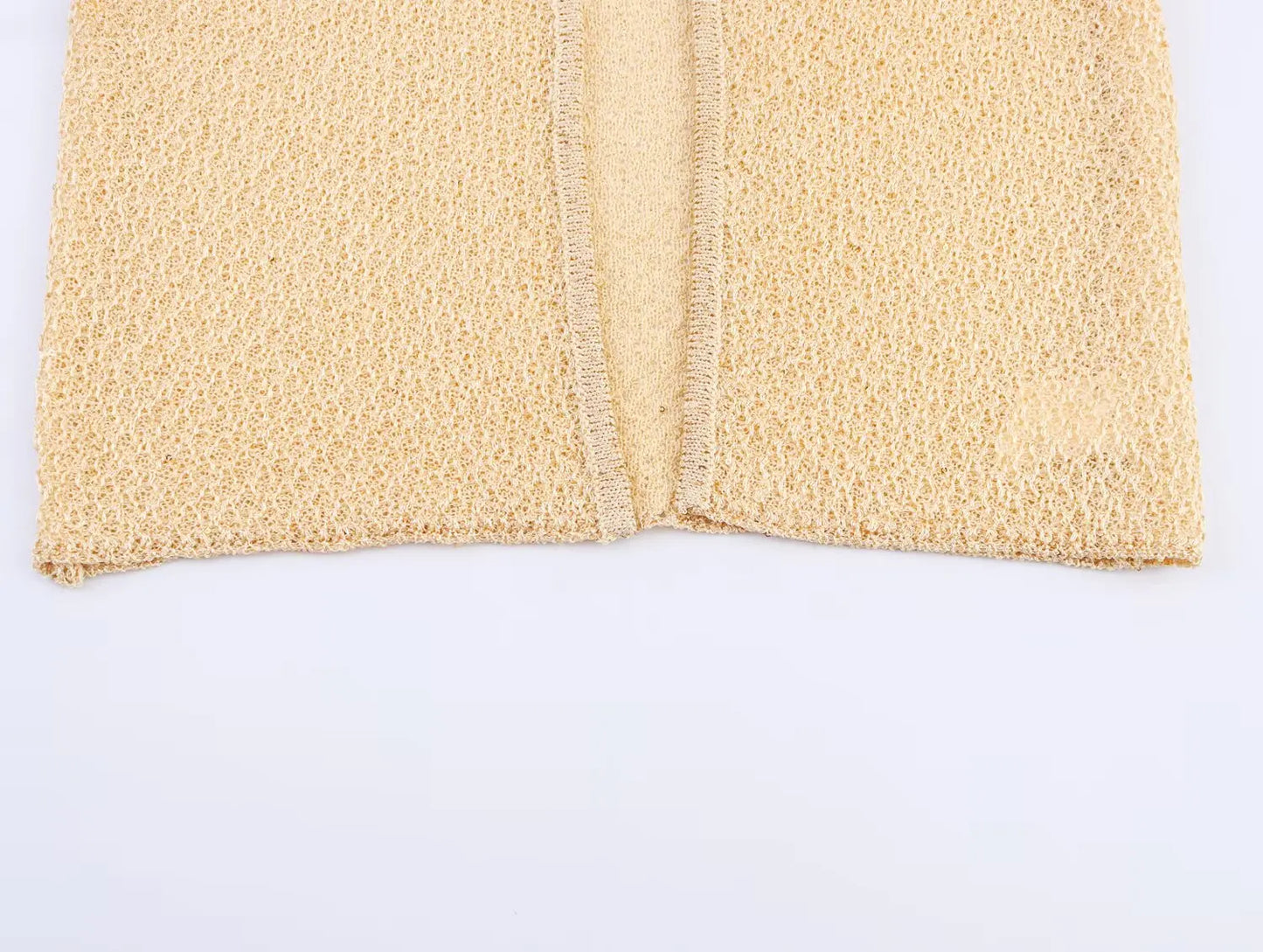 EtherealBe pearl embellished knitted vest for women in a soft beige color with an open front design
