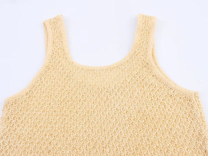 EtherealBe pearl embellished knitted vest for women in a cream color with a delicate open-knit design
