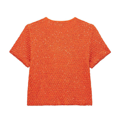 EtherealBe pearl embellished knitted vest for women in vibrant orange with a textured design