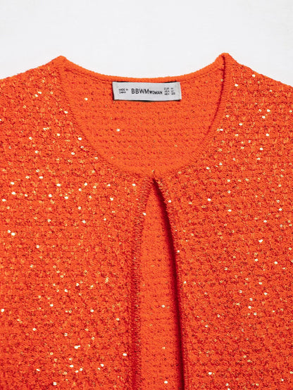 Bright orange pearl embellished knitted vest for women with a stylish open front design