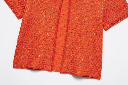 EtherealBe pearl embellished knitted vest for women in vibrant orange color