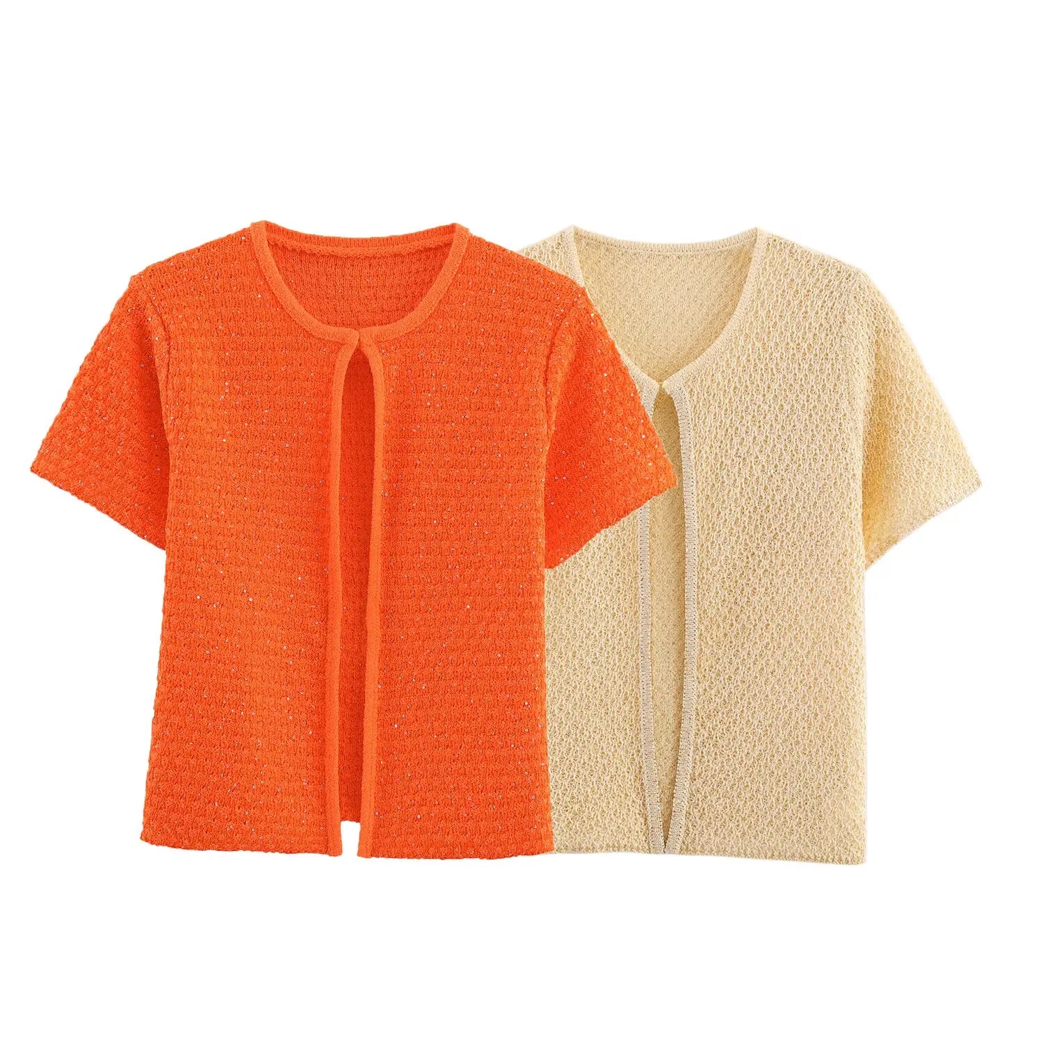EtherealBe pearl embellished knitted vest for women in orange and beige colors with short sleeves