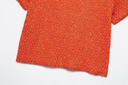 EtherealBe pearl embellished knitted vest for women in vibrant orange color with textured fabric