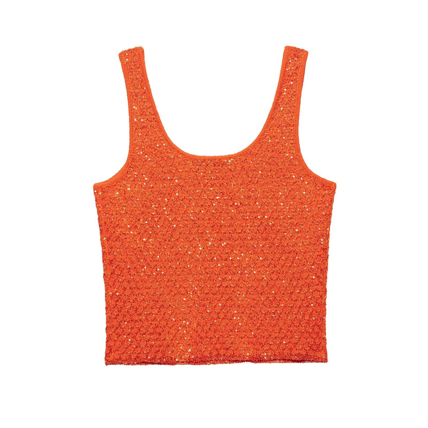 Vibrant orange pearl embellished knitted vest for women, perfect for stylish layering in any season