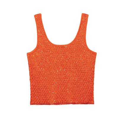 Vibrant orange pearl embellished knitted vest for women, perfect for stylish layering in any season