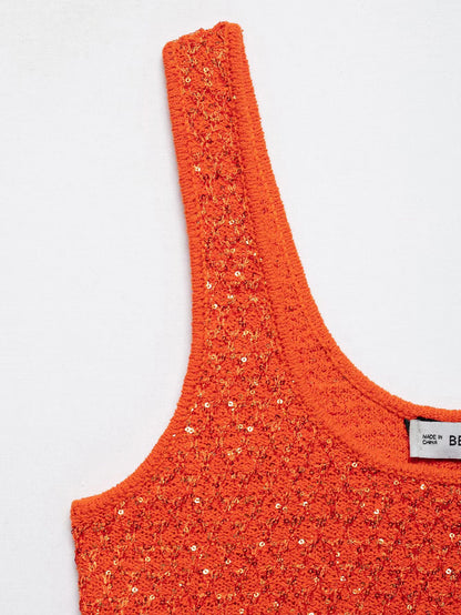 EtherealBe pearl embellished knitted vest for women in vibrant orange color with a stylish design