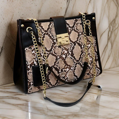 EtherealBe snake print leather shoulder bag with gold chain details and a stylish design
