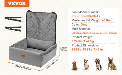 VEVOR Dog Car Seat Waterproof Dog Booster Seat Pet Car Seat with Clip-On Safety Leash PP Cotton Car Bed for Medium & Large Dog