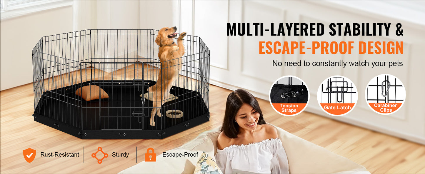 VEVOR Dog Playpen 8 Panels Foldable Metal Dog Exercise Pen Pet Fence with Bottom Pad Cover for Puppy Outdoor Camping Yard Kennel