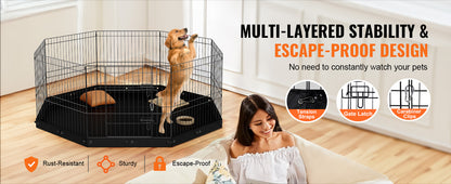 VEVOR Dog Playpen 8 Panels Foldable Metal Dog Exercise Pen Pet Fence with Bottom Pad Cover for Puppy Outdoor Camping Yard Kennel