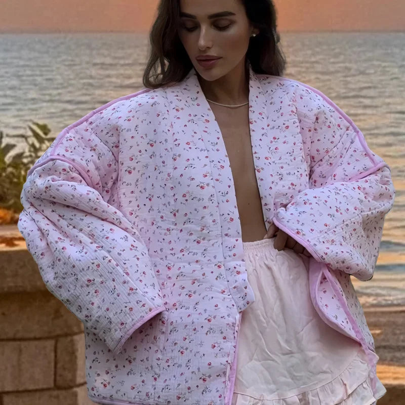 EtherealBe pink floral cotton jacket for women with a cozy oversized fit and delicate flower print