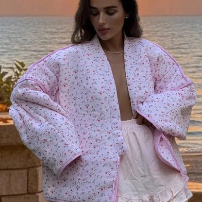 EtherealBe pink floral cotton jacket for women with a cozy oversized fit and delicate flower print
