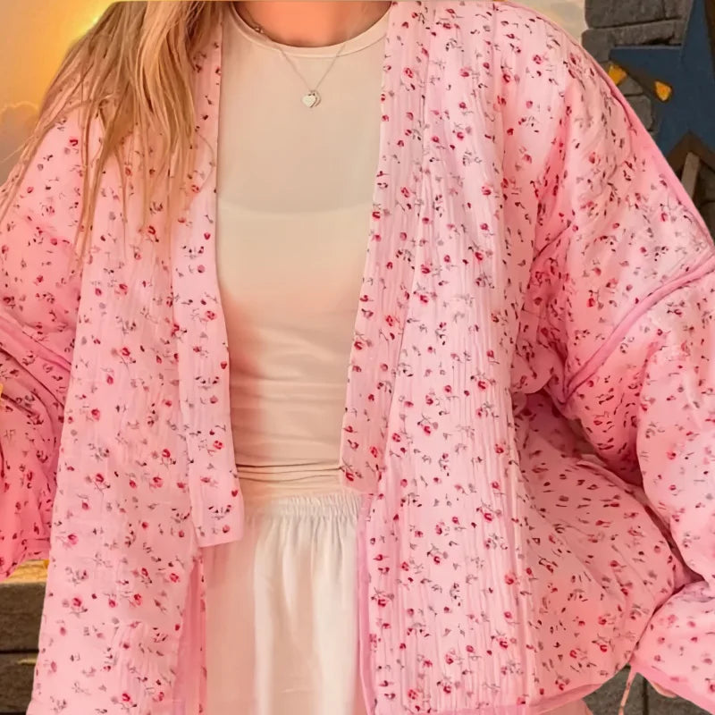 EtherealBe pink floral cotton jacket for women featuring lightweight fabric and floral print design