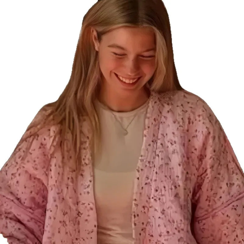 EtherealBe pink floral cotton jacket for women featuring a relaxed fit and delicate design