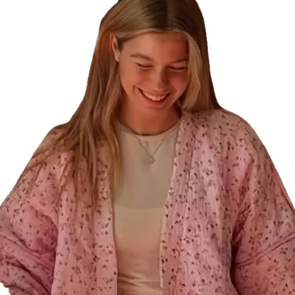 EtherealBe pink floral cotton jacket for women featuring a relaxed fit and delicate design