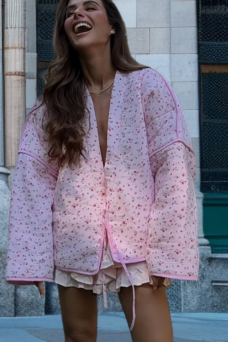 EtherealBe pink floral cotton jacket for women with a relaxed fit and stylish design