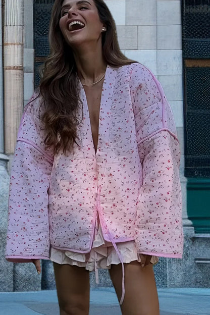 EtherealBe pink floral cotton jacket for women with a relaxed fit and stylish design