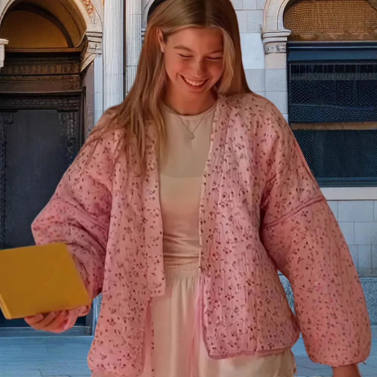 EtherealBe pink floral cotton jacket for women with unique design and relaxed fit